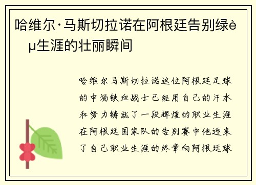 哈维尔·马斯切拉诺在阿根廷告别绿茵生涯的壮丽瞬间