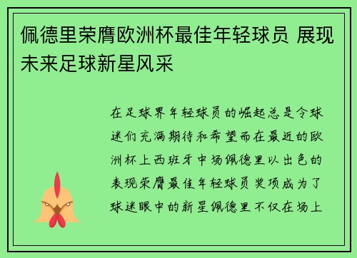 佩德里荣膺欧洲杯最佳年轻球员 展现未来足球新星风采
