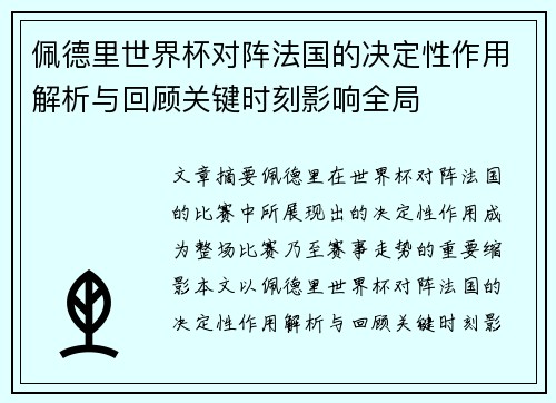 佩德里世界杯对阵法国的决定性作用解析与回顾关键时刻影响全局